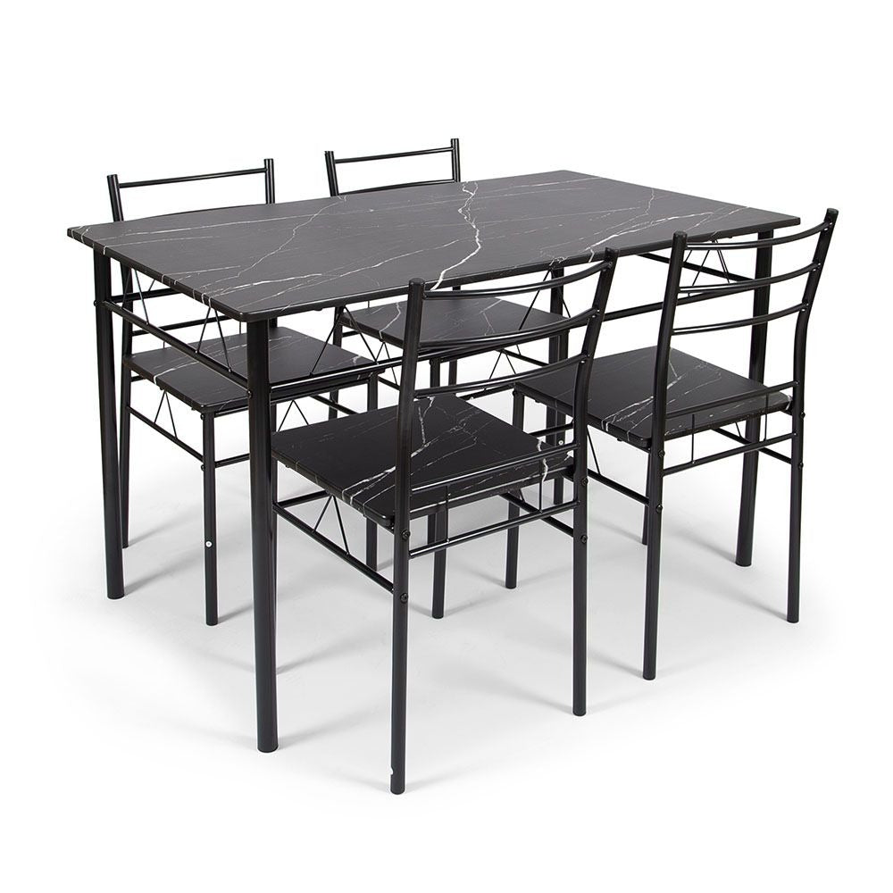 Eettafel Set met 4 Stoelen – 5-delige Eethoek – Zwart Metaal & Marmerlook Tafel