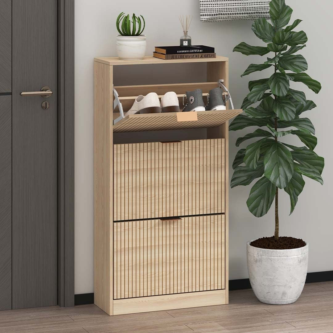Beige Schoenenkast met 3 Kanteldeuren – Houten Schoenenrek Hal Kast – 60x118 cm