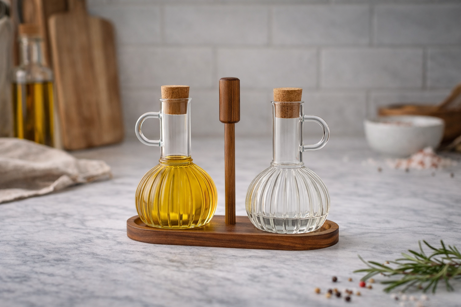 Almina Luana Olie- en Azijnflessen met Acacia Houten Houder – 2×350 ml – Glazen Olieflessen Set