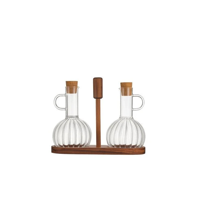 Almina Luana Olie- en Azijnflessen met Acacia Houten Houder – 2×350 ml – Glazen Olieflessen Set