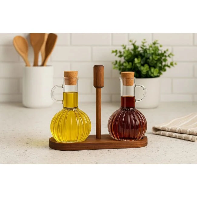 Almina Luana Olie- en Azijnflessen met Acacia Houten Houder – 2×350 ml – Glazen Olieflessen Set