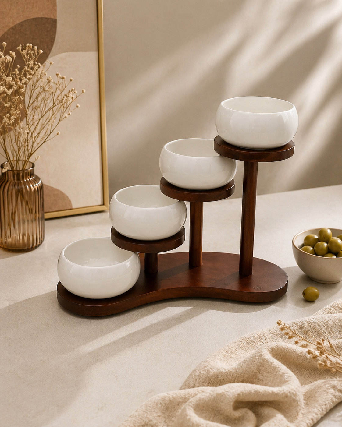 Bavary Collection Snackschalen 4-delig – Keramiek Wit & Acacia Hout – Trapsgewijze Serveerset voor Tapas, Dips en Snacks
