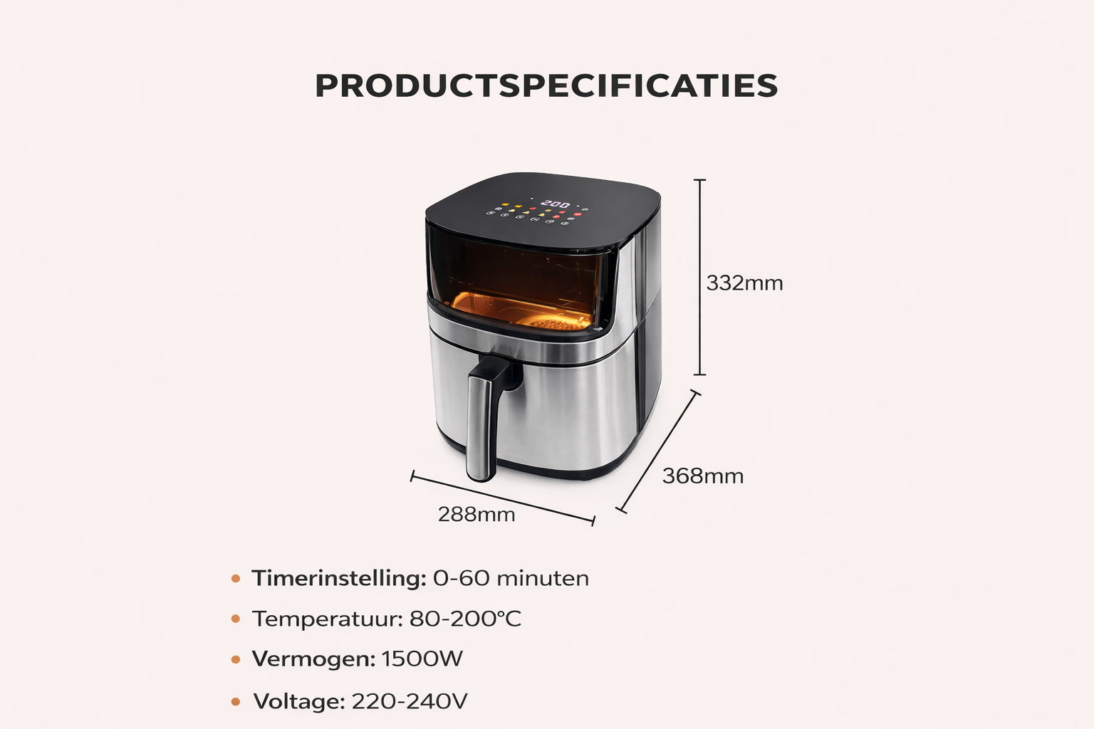 Royal Swiss Airfryer 8 Liter met Kijkvenster – Digitale Bediening– 1500W – Grote Capaciteit
