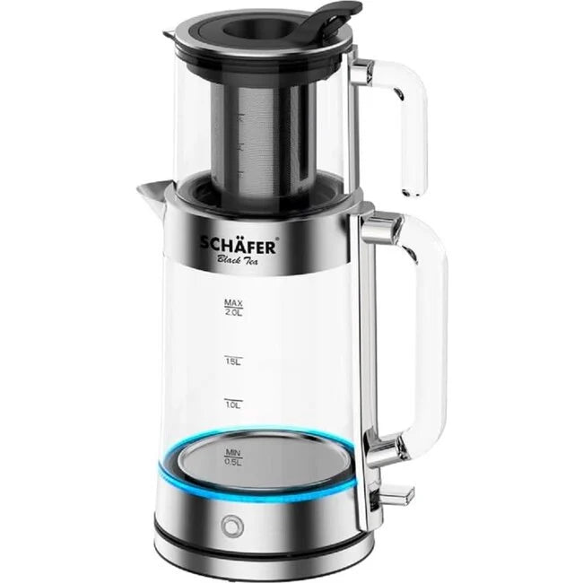 SCHÄFER Black Tea Elektrische Theemachine 2.0L| 0.8L – Glazen Waterkoker met Theefilter – RVS – LED Verlichting – Turkse Theemaker / Semaver